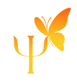 Logo símbolo da psicologia e uma borboleta laranja